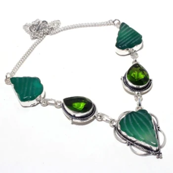 

Carved-Leaf,Peridot Necklace Silver Overlay over Copper, 50.5 cm, N4135