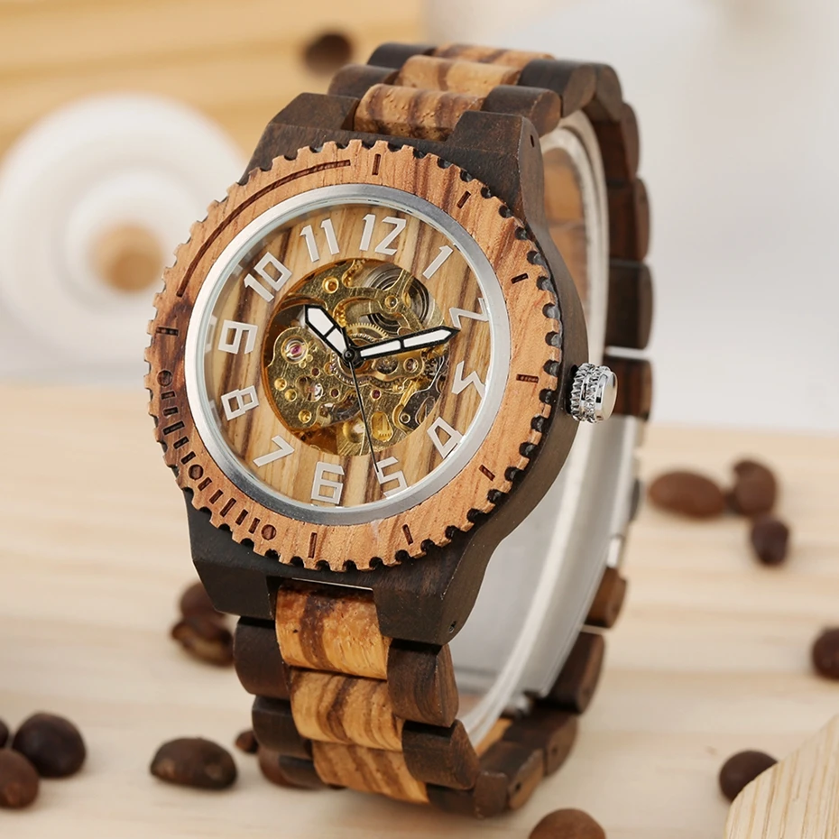 relógios mecânicos ajustável pulseira de madeira auto