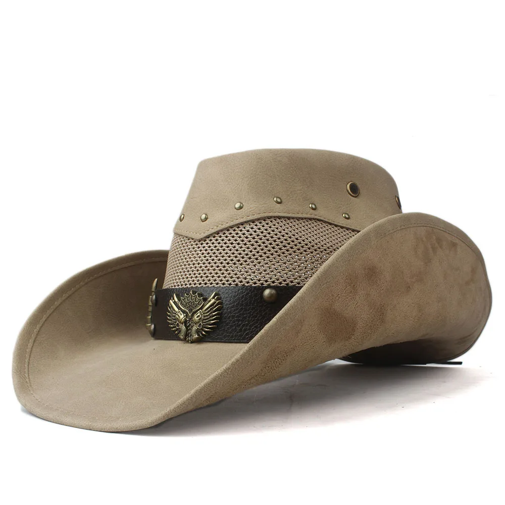 Кожа для мужчин и женщин сетка западная ковбойская шляпа широкая шляпа Открытый Sombrero Hombre Женская Ковбойская шляпа панк ремень