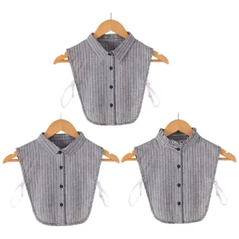 

Women Gray Cotton Fake Collar Vertical Stripe Lace Pattern Detachable Half Shirt