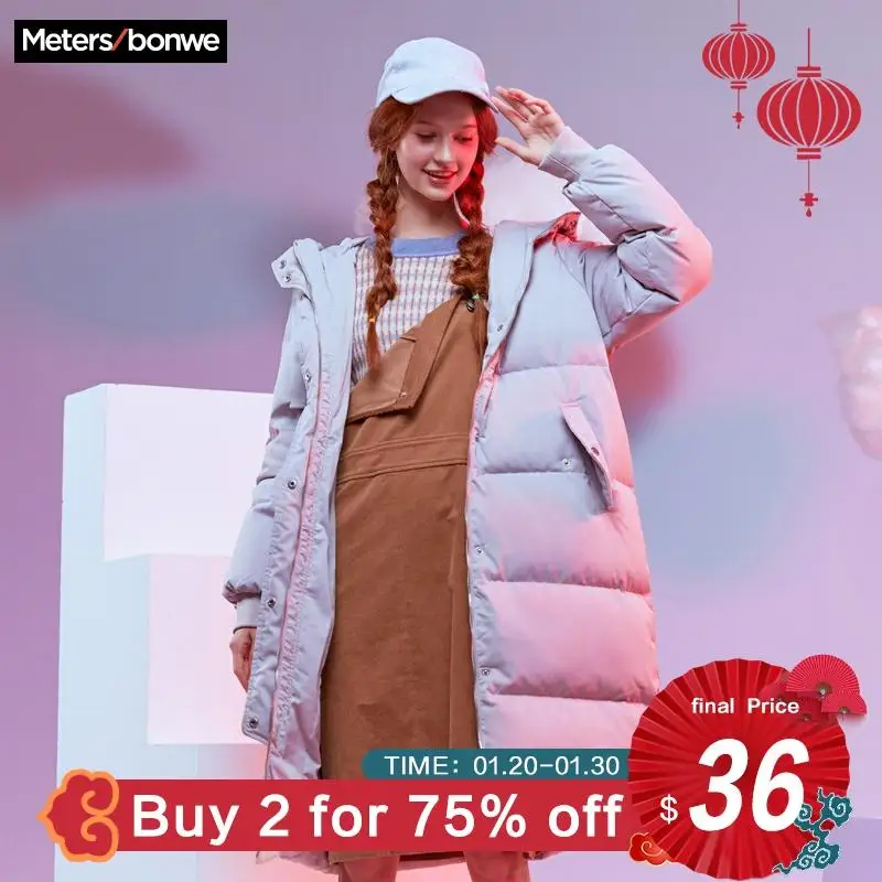 Beste Metersbonwe Nieuwe Lange Warm Donsjack Vrouwen Winter Warm 80% Witte Eendendons Hooded Vrouwelijke Outdoor Jas Winter Uitloper