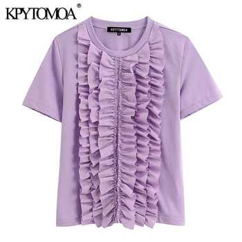 

KPYTOMOA Women 2020 Fashion Ruffled Solid Blouses Vintage O Neck Short Sleeve Female Shirts Blusas Mujer Chic Tops