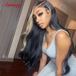 Asimey Transparent Lace Frontal Ombre Highlight 613 Blonde Black Colored Body Wave Wig Human Hair Wavy 180 Preplucked For Women