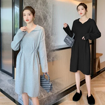 

6030# Autumn Thick Knitted Maternity Dress Slim Waist Casual Clothes for Pregnant Women Fall Soft Slim Elegant Pregnancy Dress