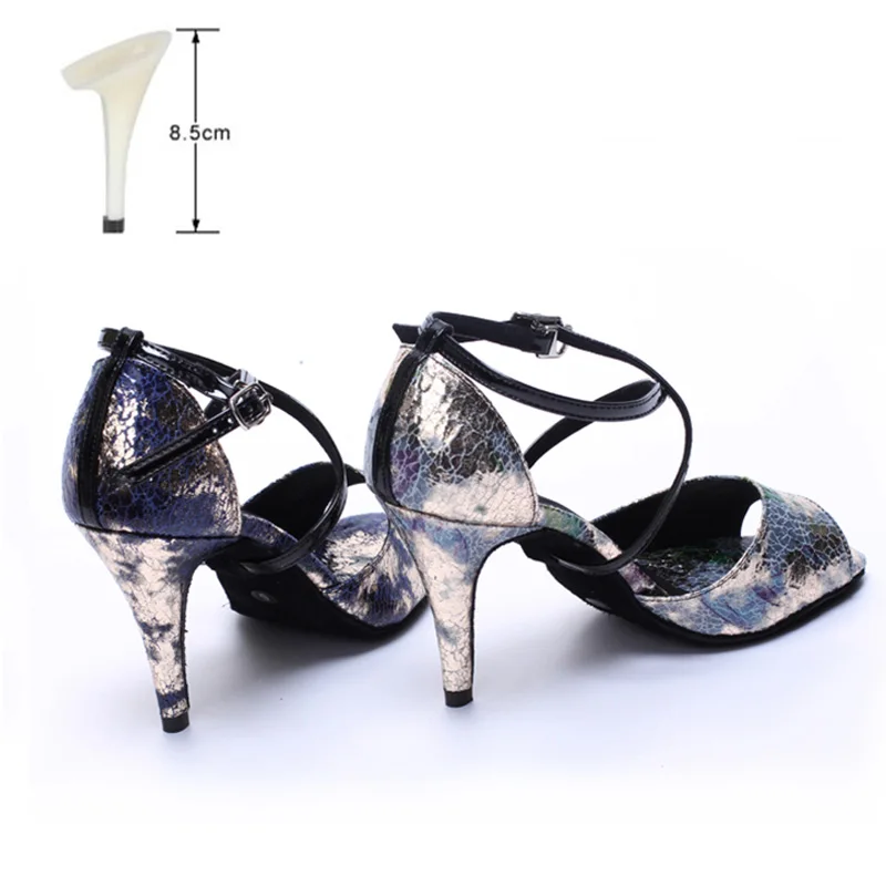 blue 8.5cm indoor Женские туфли для латинских танцев 10/8, 5/7, 5, 6 см, с принтом, из PU искусственной кожи, на высоком каблуке, с мягкой подошвой, бальные туфли для танго - Цвет: blue 8.5cm indoor