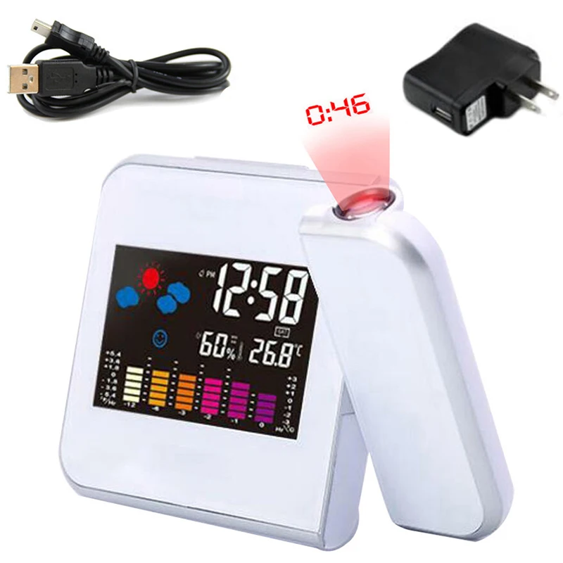 white USB US Plug Светодиодный термометр с будильником и датой, светодиодный проектор, календарь, USB зарядное устройство, настольные часы - Цвет: white USB US Plug