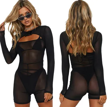 

Sexy Women's See Through Sheer Mesh Buckle Jumpsuit Shorts Beach Bikini Cover Up