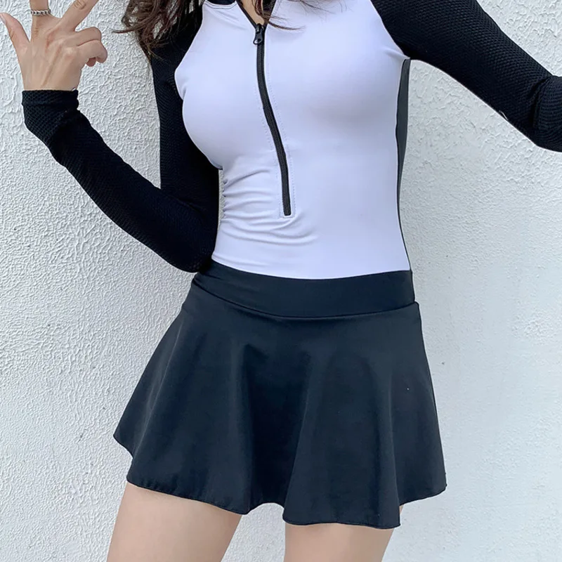 

Swimming Suit Bathing Suits 2019 Bodysuit Sexy Rushguard Women For Surfing Clothing Surf New Swimsuit Skirt Zipper Pure Color