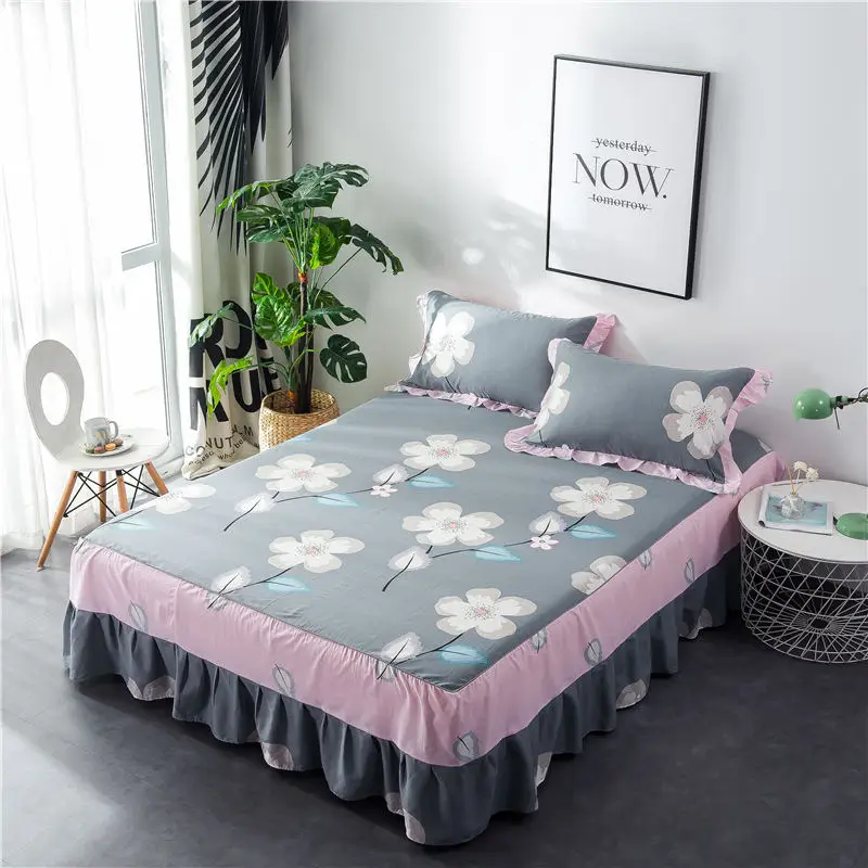 12 Green and white striped cotton single double bed skirt printed bed cover cartoon sheets bedding set - Цвет: 12