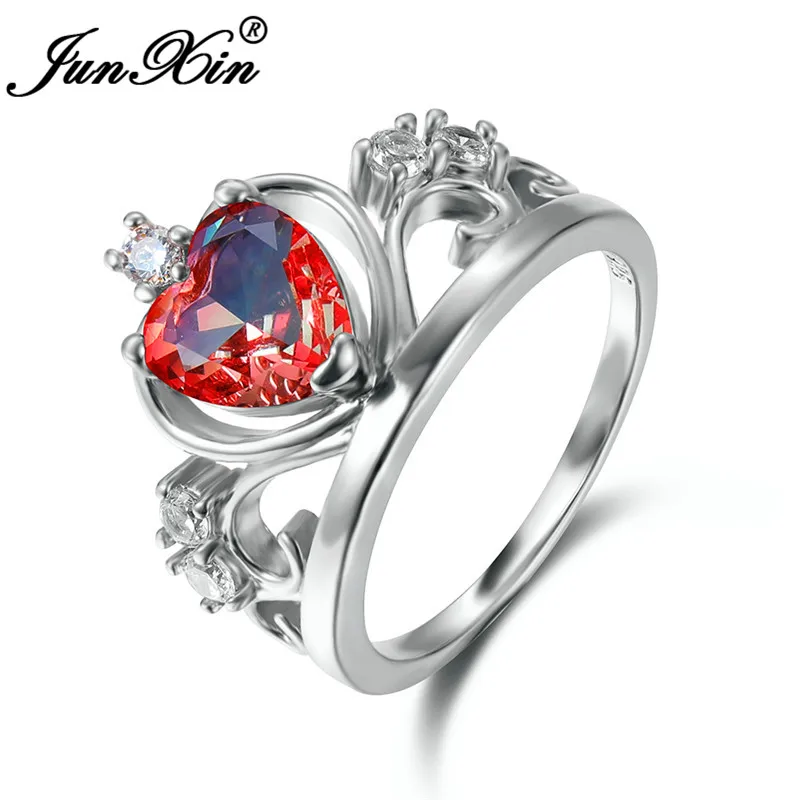 Новая мода Мистический Огонь кристалл сердце Корона Кольца для женщин 925 серебряный цвет красный зеленый синий камень фианит Свадебное обручальное кольцо