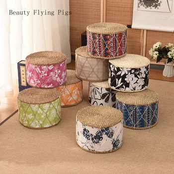

Ethnic wind straw flower cushion thickening futon tatami woven yoga mat round dazed meditation pad living room bay window home