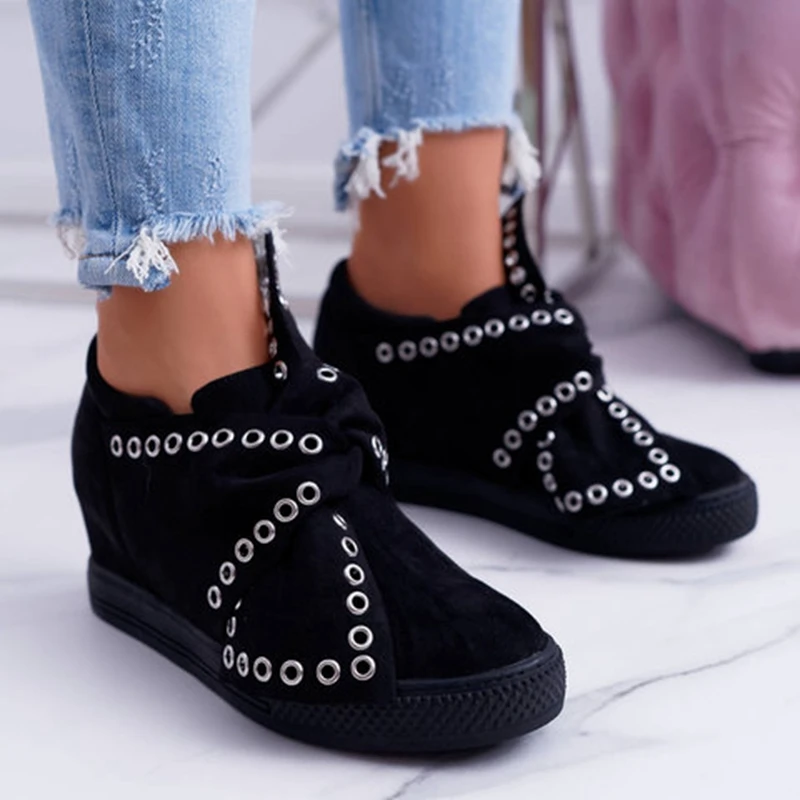 Casual Flat Plus Size Women Sneakers Ladies Suede Bow Tie Slip On Vulcanized Shoes Female Increase in Flats Footwear