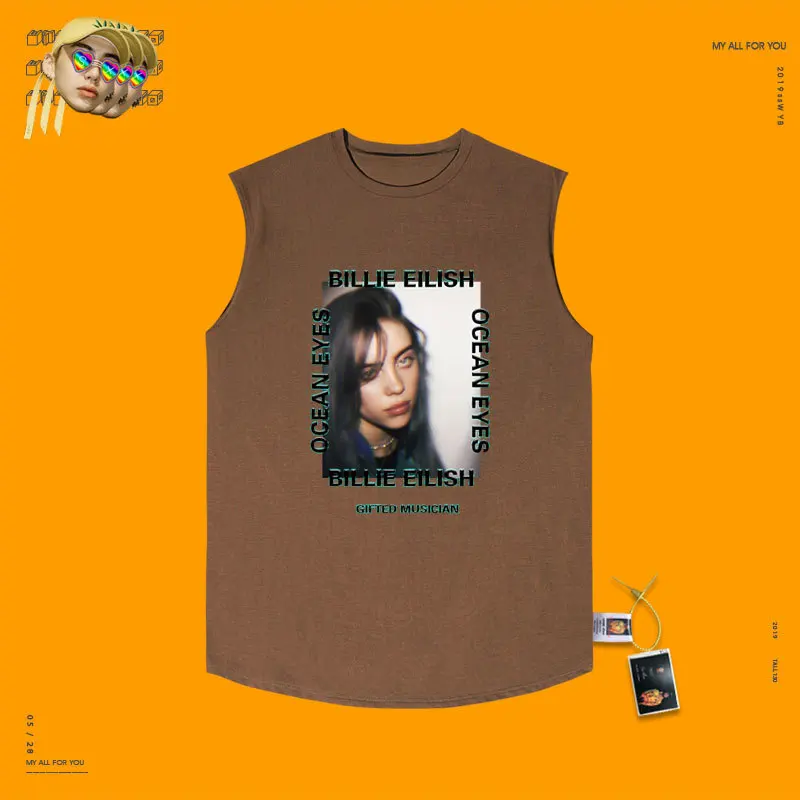 Deep coffee color Портрет Bllie эйлиш пирус груша футболка Exceed Fire Cec Basics Cut The Sleeves Ulzzang School Wind - Цвет: Deep coffee color