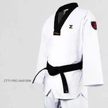 ZTTY-uniforme de Karate profesional de Taekwondo para niños y adultos, equipo de entrenamiento de Taekwondo de algodón blanco, cinturón WTF, equipo de Judo con cuello en V rojo y negro, traje de sauna
