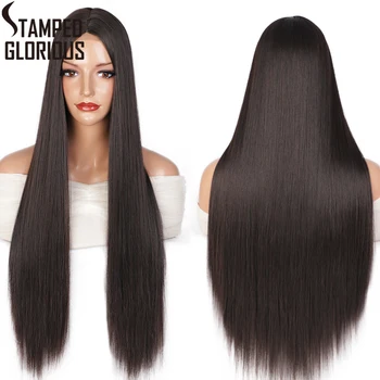 

Stamped Glorious 30 Inches Long Straight Wig Omber Brown Wig with Bangs Synthetic Wigs for Women Heat Resistant Fiber Daily Wear
