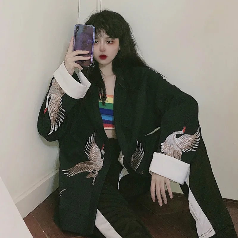 Neploe ретро пальто осень корейский harajuku кран кардиган с вышивкой куртка женщин мужчин длинные BF жакеты оверсайз 54719