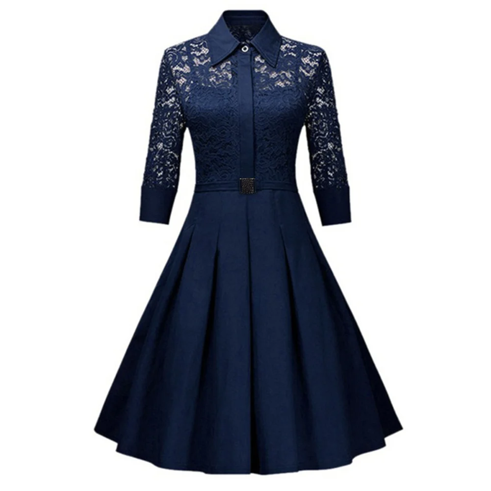 Ретро Хепберн стиль женское платье Грация 1/2 рукав воротник с лацканами кружева сплайсинга платье темно-синий/черный S - Цвет: Черный