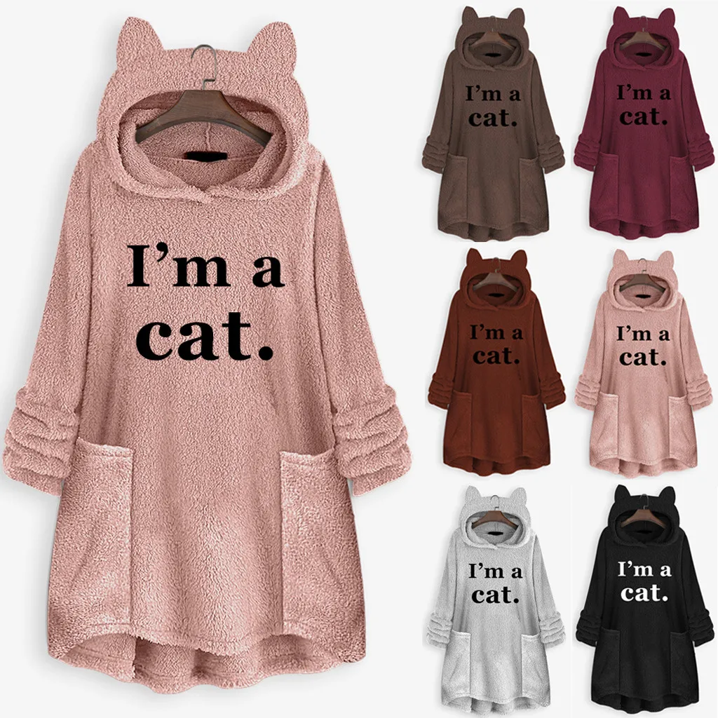 Kawaii/Толстовка уличная одежда с кошачьими ушками; зимняя толстовка с капюшоном; женские флисовые куртки с карманами; плюшевое пальто с надписью «I Am A Cat»