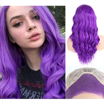 

RONGDUOYI Purple Loose Wave Long Synthetic Lace Front Wig for Women Heat Resistant Natural Ladies Hair Wig with Side Part