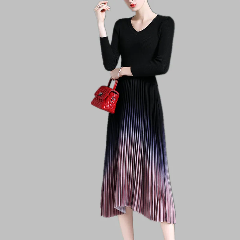 SMTHMA Новое весеннее женское Элегантное трикотажное платье-свитер с длинными рукавами Плиссированное шикарное платье с градиентом свободный пояс