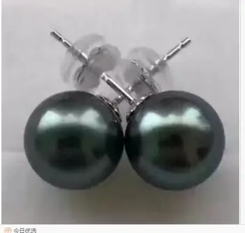 

free shipping charming10-11mm tahitian round black green pearl earring