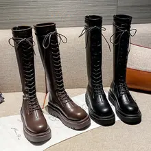 

2022 Stretch Boots Women Lace Up Platform Boots High Quality Microfiber Leather Mid Calf Boots for Women