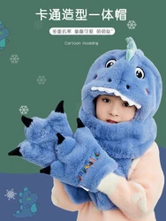 Dinosaur Hats, Scarves and Gloves In One Winter Children's Ear Protection Warm Cute Boys and Girls Plush Three-piece Set