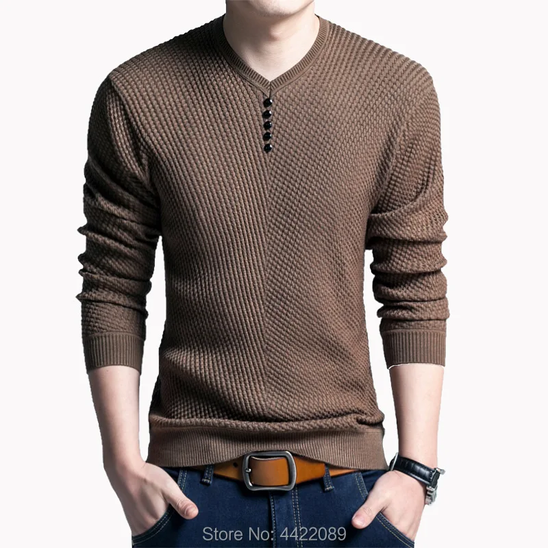 New Autumn Winter Men V-Neck Button Pullover Sweater Solid Slim Fit Long Sleeve Homme Sweater Mens Knitted Sweaters