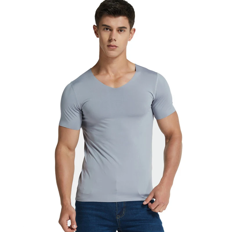 Plus Size Mens V-Neck Undershirts Man Ice Silk Seamless Short Sleeves Basic Shirts Summer Sexy Fitness Body Building Underwear мужская спортивная футболка quick dry elastic slim tops o neck short sleeves running gym fitness