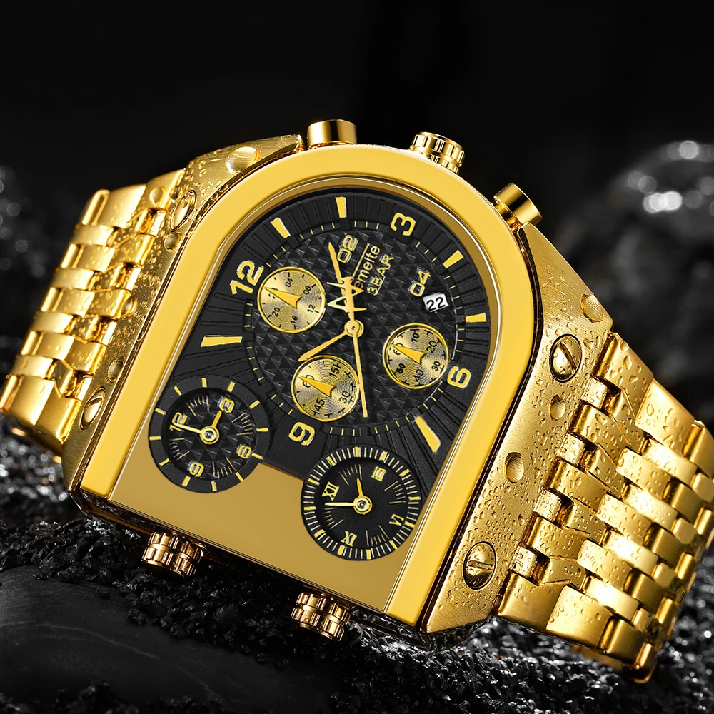 TEMEITE Quartz Mens Watches Top Brand Luxury Golden Clock 3 Time Zone Date Stainless Steel Strap Military Oversize Wristwatch afbeelding