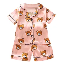 Летний детский Пижамный костюм Шелковый пижамный комплект года для мальчиков с короткими рукавами, тонкая атласная Домашняя одежда с рисунком для малышей Детские пижамные комплекты