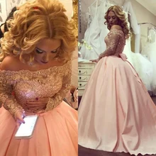 Розовые кружевные бальные платья с длинным рукавом, бальное платье с открытыми плечами, выпускное дебютантное платье шестнадцать 15, милое 16 платье, vestidos de 15 anos