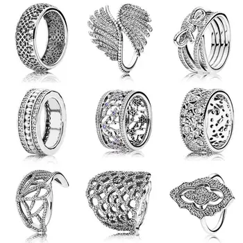 

Entwined Flower Classic Lace Majestic Feathers Forget-me-not Flower With Crystal Ring 925 Sterling Silver DIY Jewelry