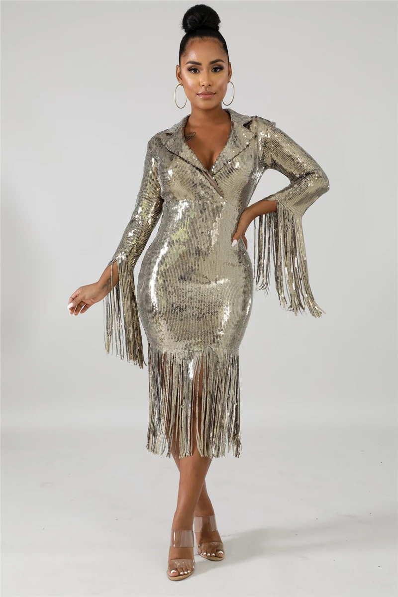 champagne dress Adogirl/платье для рождественской вечеринки с кисточками и блестками, с отложным воротником, с v-образным вырезом, с длинным рукавом, облегающее, миди, платья для ночного клуба, женские платья - Цвет: champagne dress