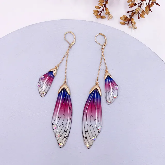 Fairy Resin Butterfly Earrings for Women Shining Crystal Flake Double Wing Long Drop Earrings Ladies Wedding Party Jewelry 2020 Gold-Purple