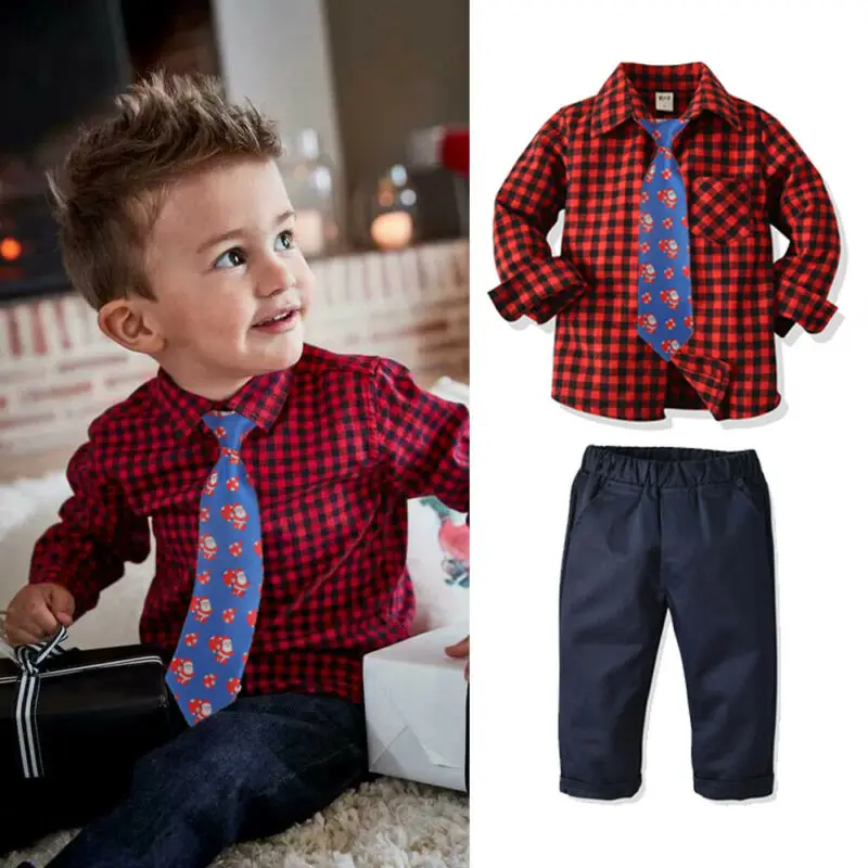 2 8Y Newborn Baby Boy Christmas Clothes Sets Long Sleeve Red Plaid