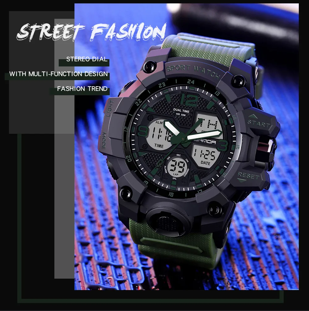 SANDA New Fashion Sport Military Men's Wrist Watch Digital Quartz Dual Display Watches Waterproof Casual Watch for Male 6030