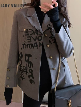 

Personality graffiti alphabet retro english suit jacket lady spring fashion wild pocket button decoration