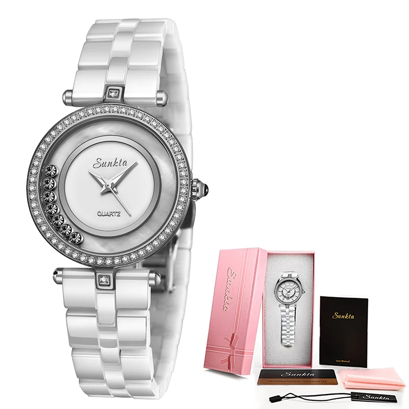 silver Relogio Feminino SUNKTA керамические женские часы Лидирующий бренд Роскошные Кварцевые часы с бриллиантами водонепроницаемые часы Женское платье часы-браслет - Цвет: silver