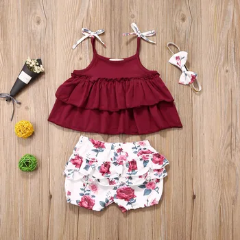 

Pudcoco Toddler Baby Girl Clothes Summer Solid Color Ruffle Sling Vest Tops Flower Print Short Pants Headband 3Pcs Sunsuit Set