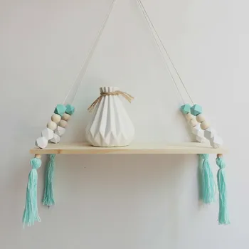 

Nordic style solid pine board mixed color wooden beads storage board creative fringe wall hanging shelf WF531231