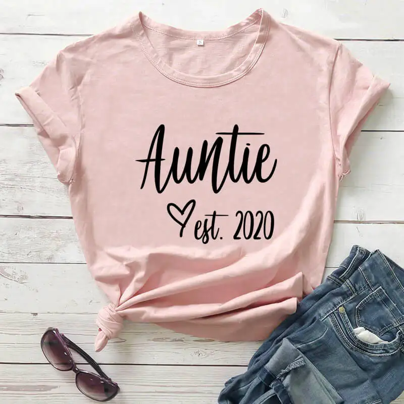 

Auntie Est 2020 New Arrival Summer Women 100%Cotton Funny T Shirt New Aunt Shirt Auntie To Be Shirts Promoted To Auntie Shirts