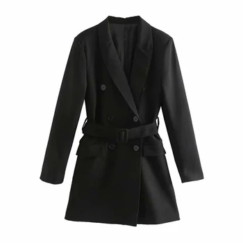 

Stylish Office Wear With Belt Suits Style Mini Dress Black Double Breasted V Neck long Sleeve Female Dresses Vestidos Mujer