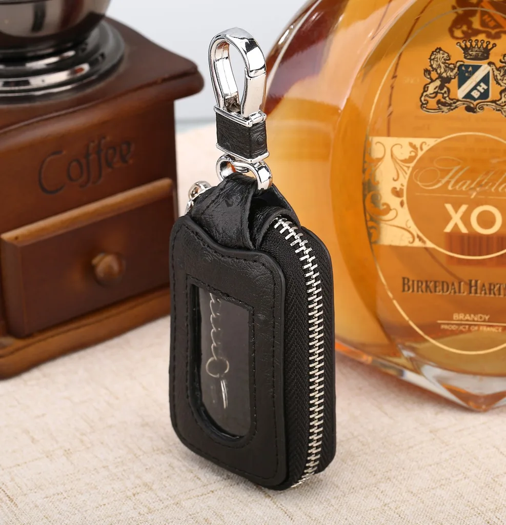 Fashion Real Cowhide Zipper Square Women's Home Car Key Ring Box Transparent Window Key Pocket Wallet Keychain