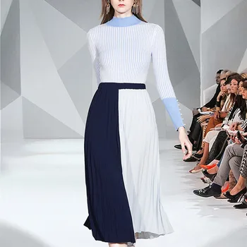 

Runway High Quality Knitting Skirt 2 Piece Set Elegant Women Nail Bead Long Sleeve Pullover + Pleated Fold Collision Skirt Set