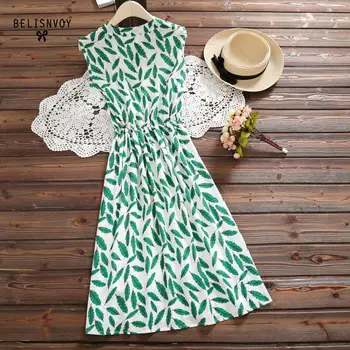 

Japanese Sundress Women Vintage Cotton Dress Green Leaf Printed Sleeveless O-Neck Boho Loose Casual Summer Dress Female Vestidos