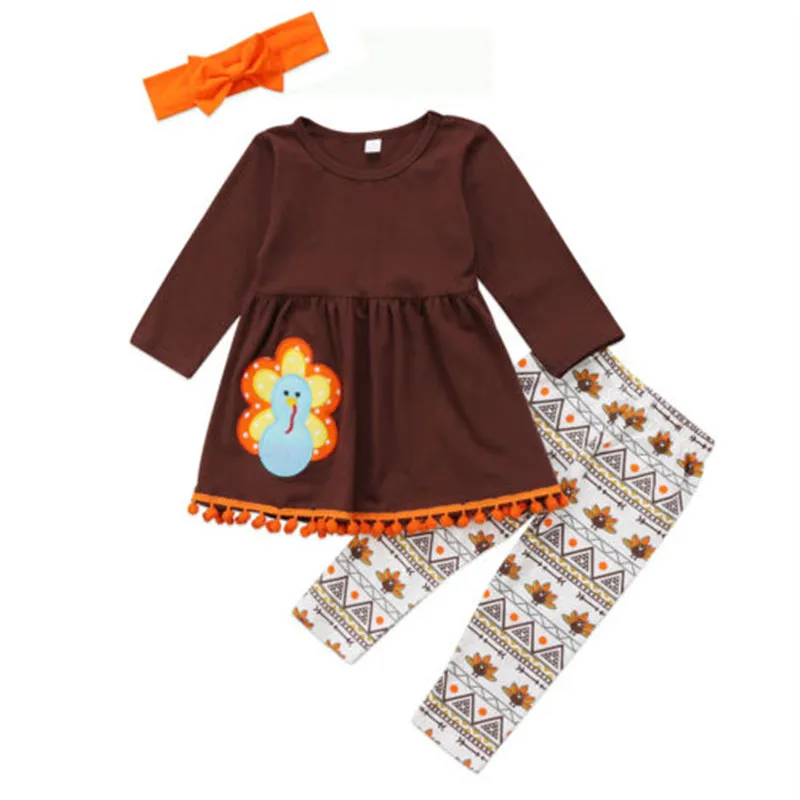 

Toddler Kids Baby Girls Clothes Set Autumn Brown Long Sleeve Thanksgiving T Shirt Tops Leggings Headband Turkey Girl Outfit 3PCs