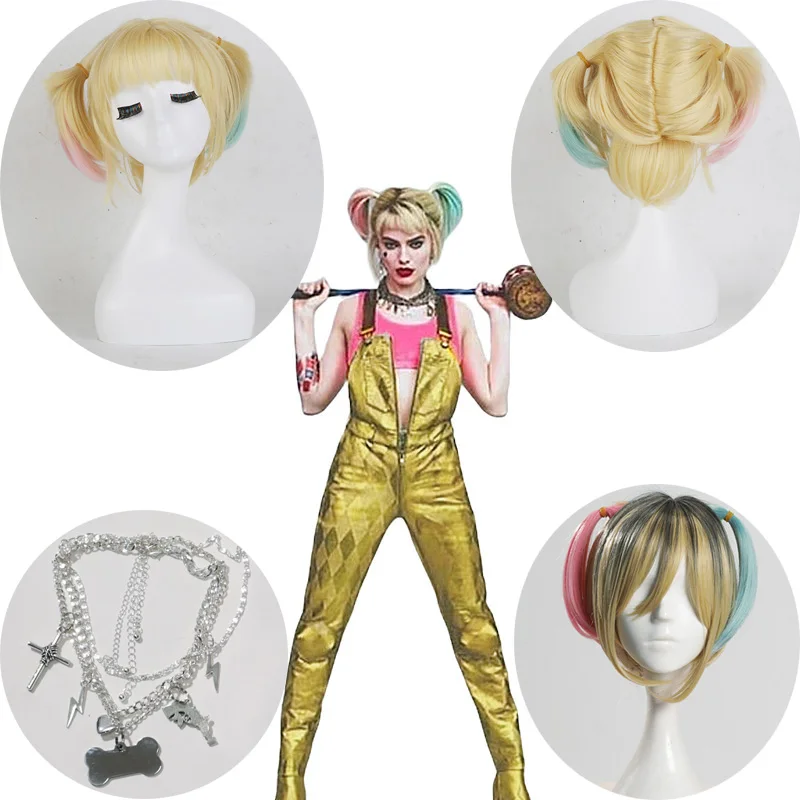 

Birds Of Prey Cosplay Wig Suicide Squad Batman Harley Quinn Cosplay Costumes Short Yellow Curly Ponytails Women Christmas Gifts