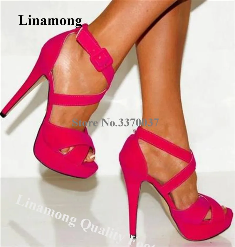 

Linamong Women Fashion Open Toe Suede Leather High Platform Stiletto Heel Sandals Rose Pink Red Black Ankle Strap Buckles Sandal
