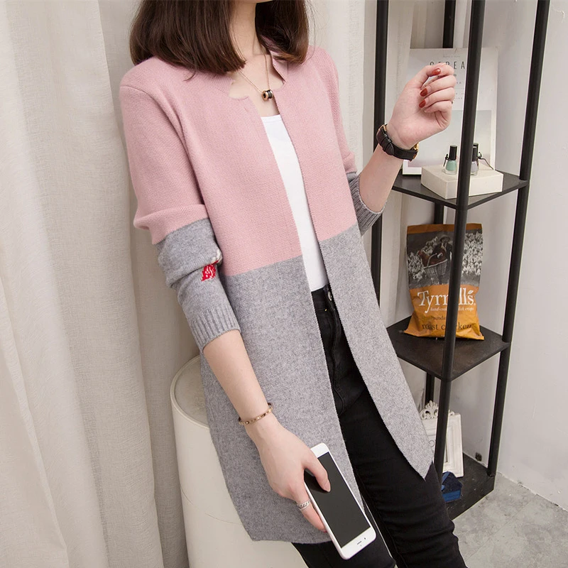 Осень Зима длинный кардиган, свитер женский лоскутный контрастный цвет длинный рукав кардиган куртка женские корейские свитера 1072 - Цвет: Pink